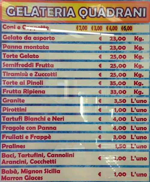 Menu di Gelateria Quadrani 