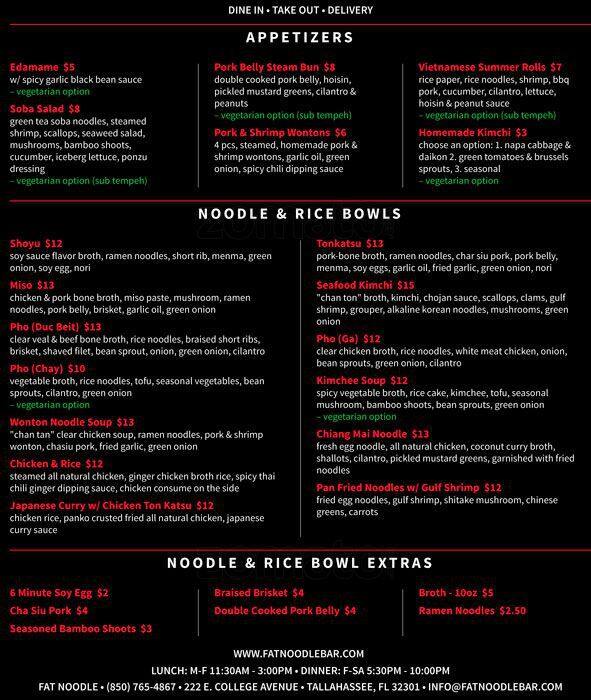 Fat Noodle Bar Menu, Menu for Fat Noodle Bar, Tallahassee, Tallahassee