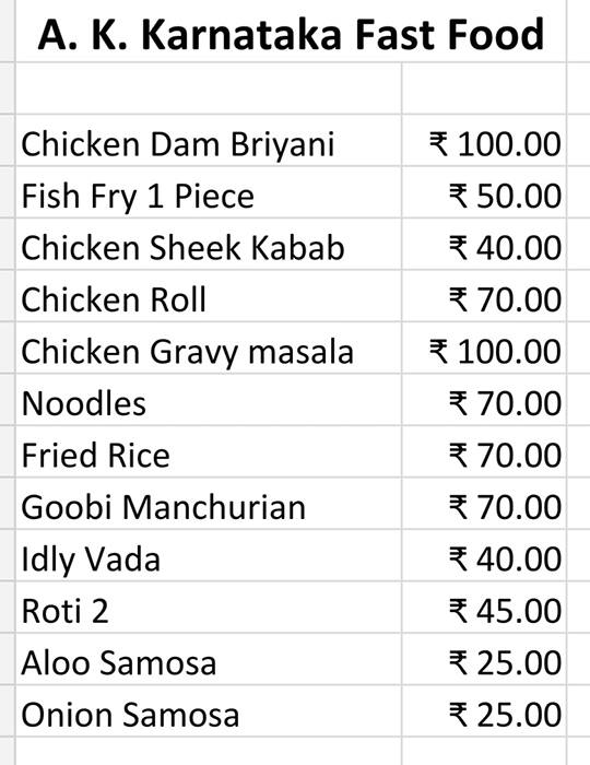 Menu of AK Karnataka Fast Food, Ulsoor, Bangalore