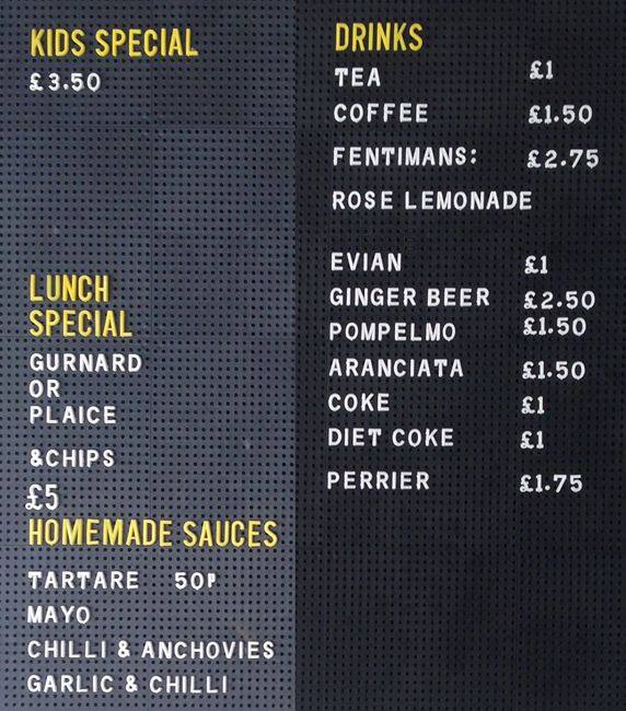 Menu at Moxon's Fish Bar, London