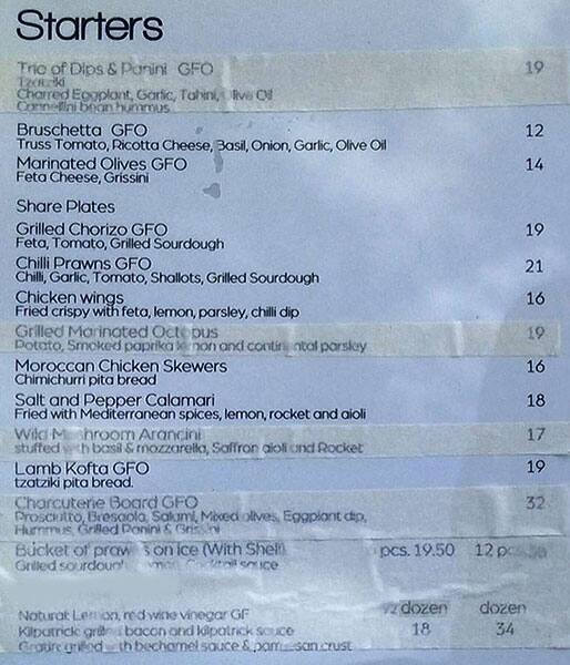 Mediterranea Restaurant Menu, Menu for 