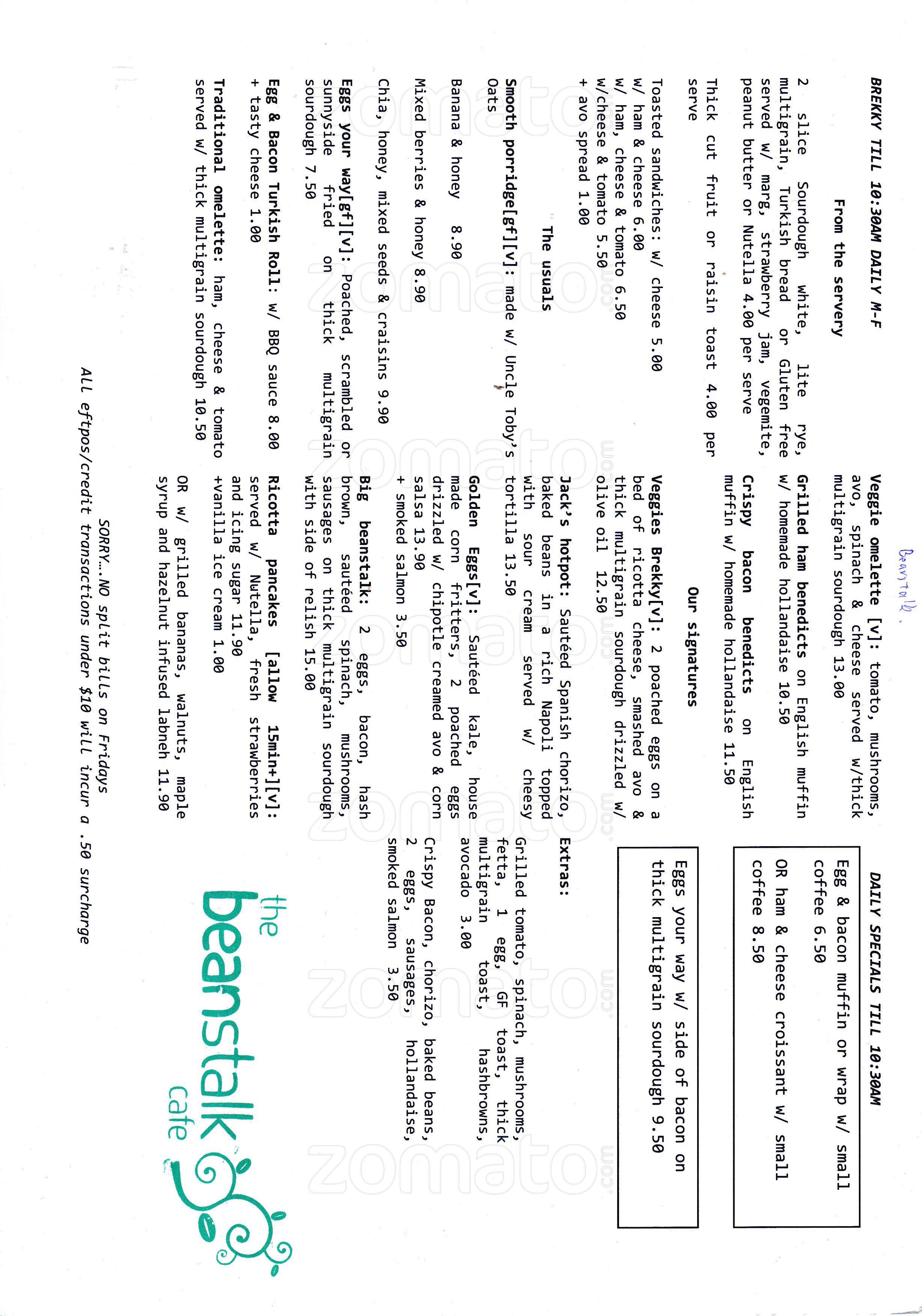 The Beanstalk Cafe Menu, Menu for The Beanstalk Cafe, Docklands