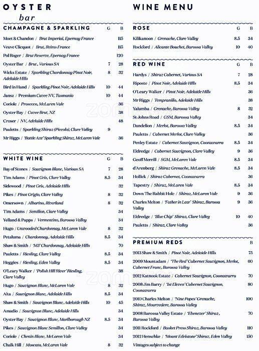 Menu at Oyster Bar Holdfast Shores, Glenelg