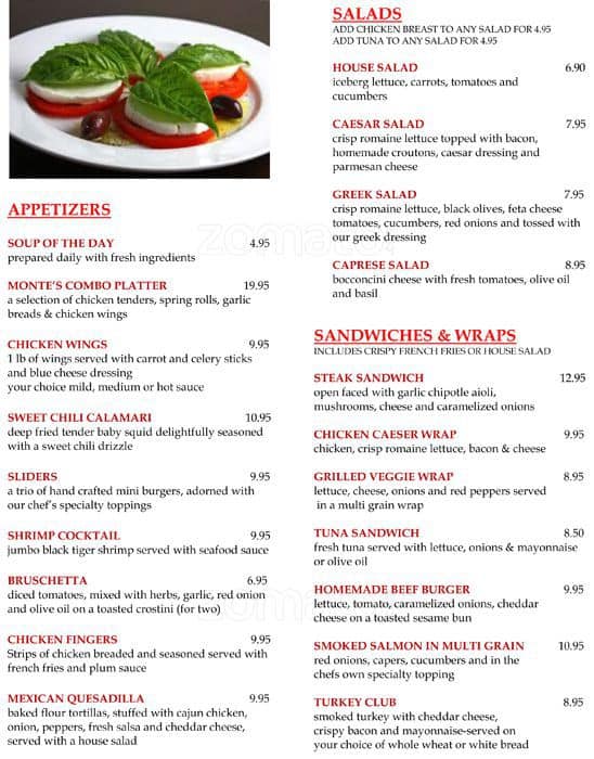 Carta del pub y bar Monte Carlo Inn Airport Suites, Mississauga