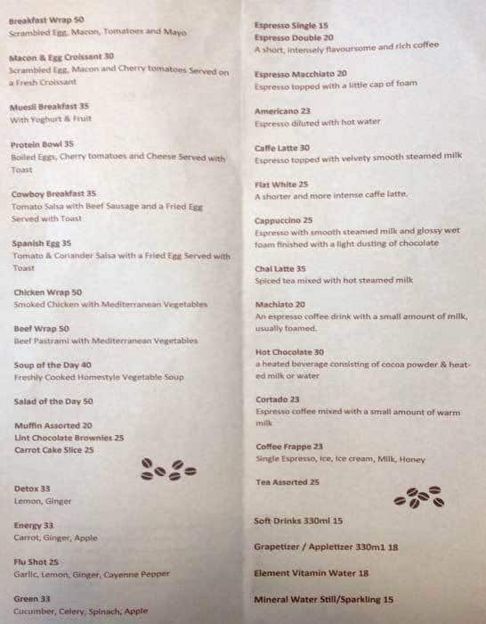 Menu at Basil's Coffee cafe, Cape Town