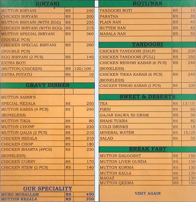 Sabir's Hotel menu