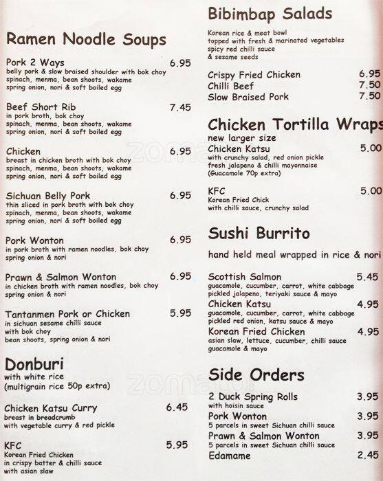 The Japanese Canteen Menu, Menu for The Japanese Canteen, Fitzrovia
