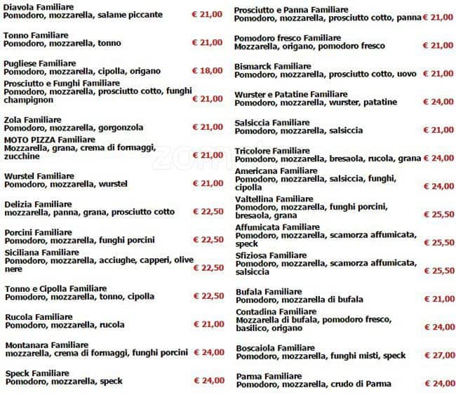 Menu di Moto Pizza 