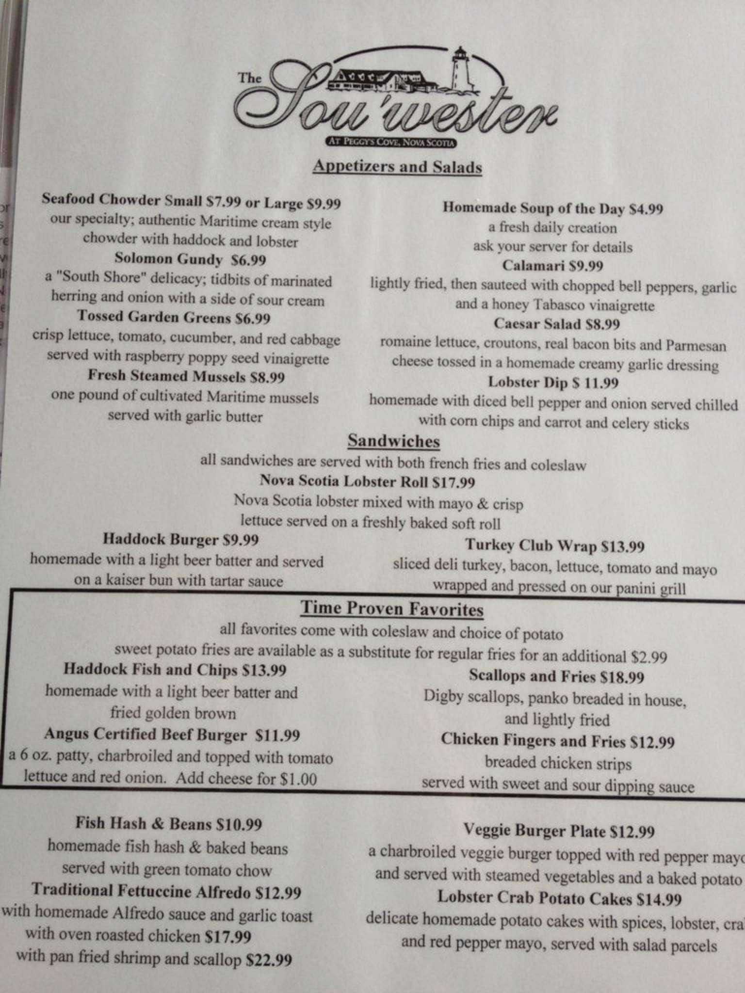 Menu at Sou'Wester restaurant, Peggys Cove