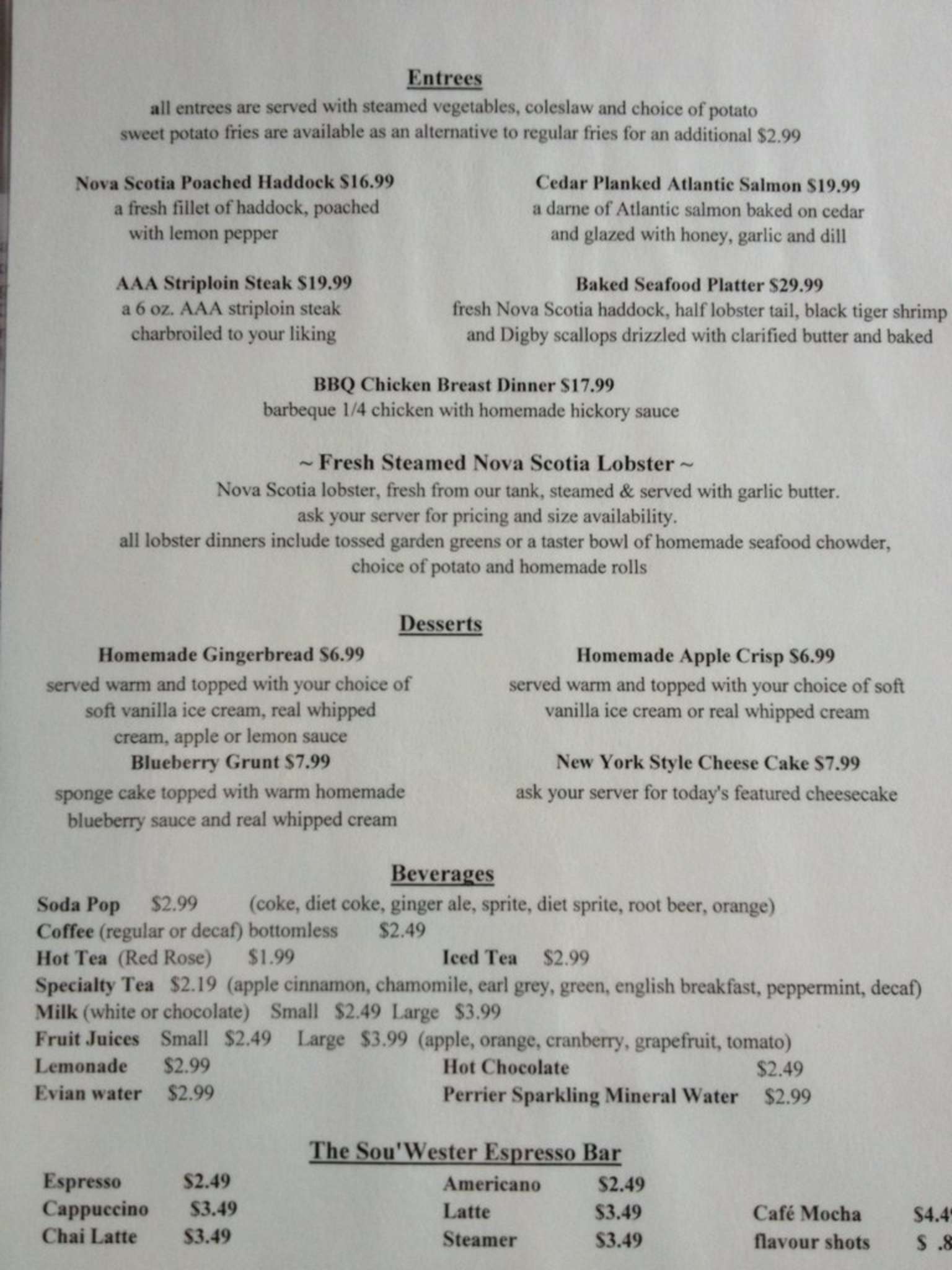 Menu at Sou'Wester restaurant, Peggys Cove