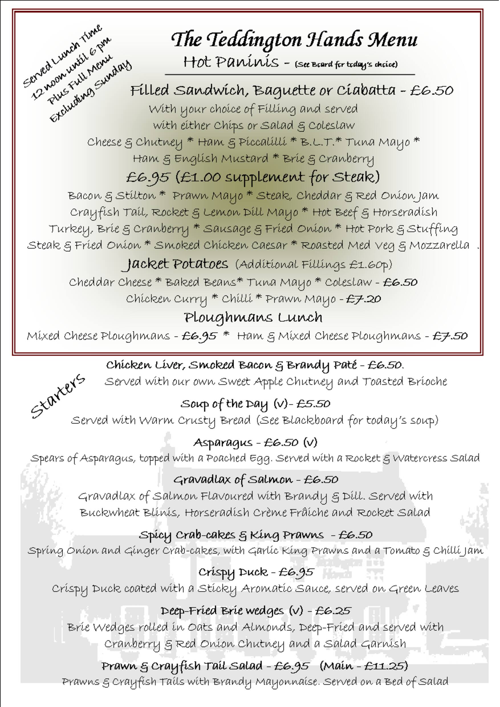 Teddington Hands Inn Menu, Menu for Teddington Hands Inn, Tewkesbury