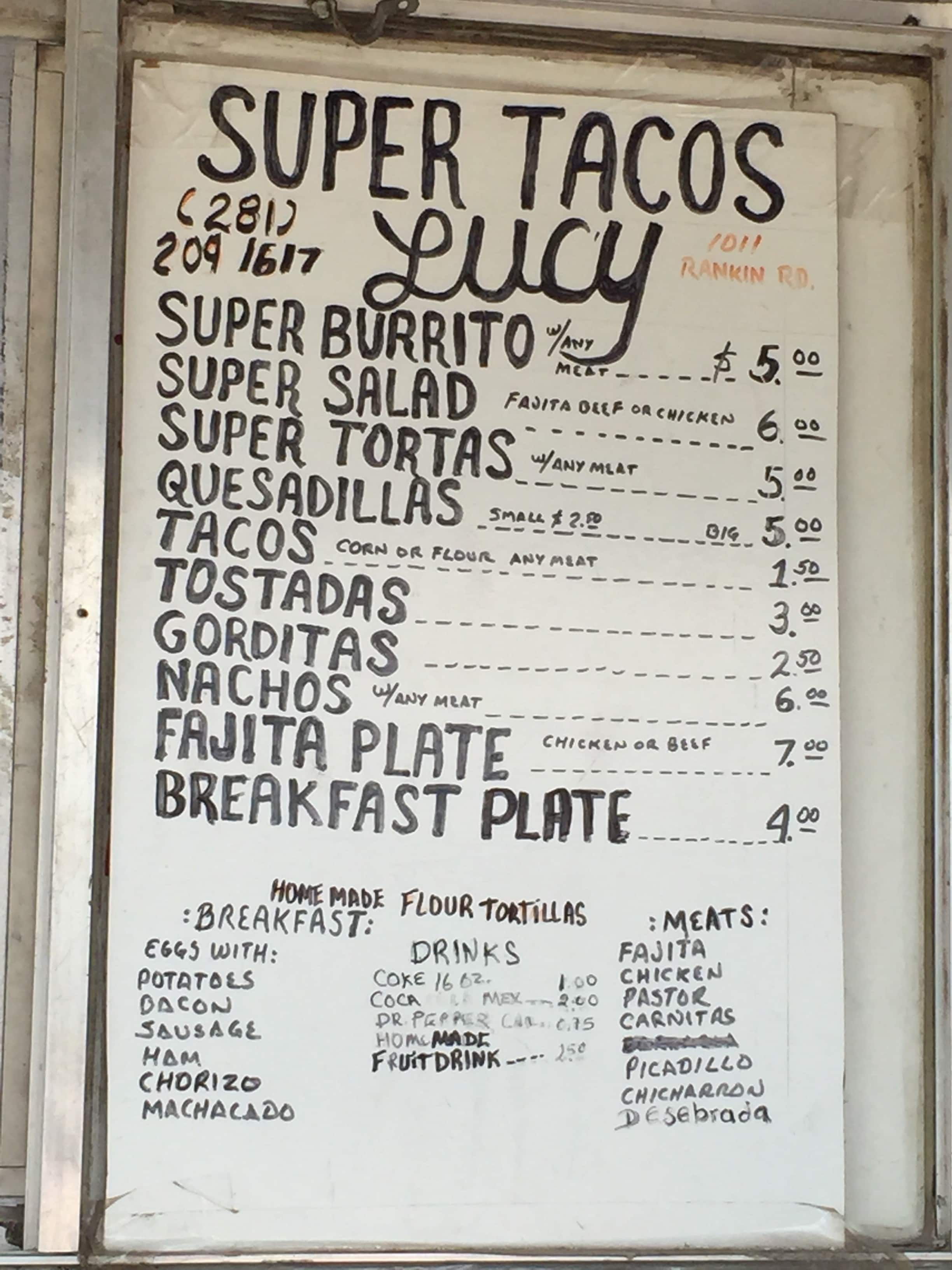 Super Tacos Lucy Menu, Menu for Super Tacos Lucy, Greenspoint, Houston