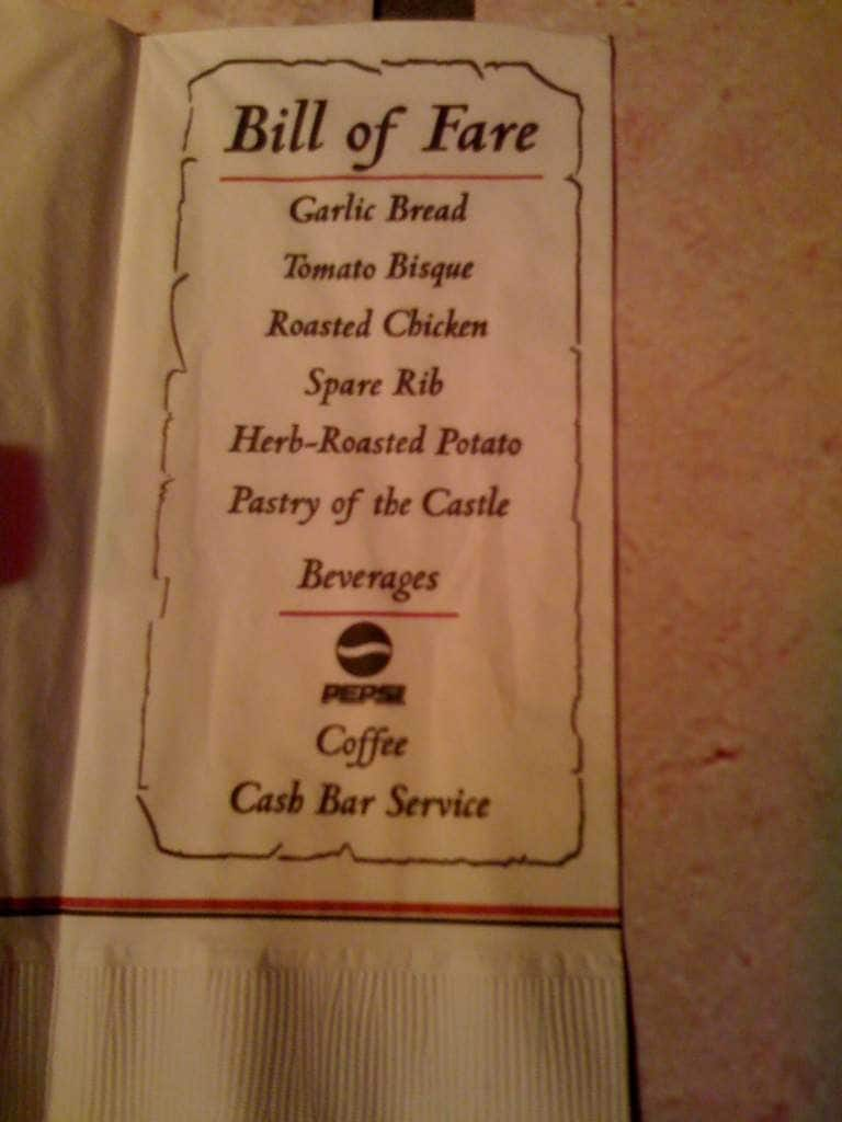 in medieval times menu