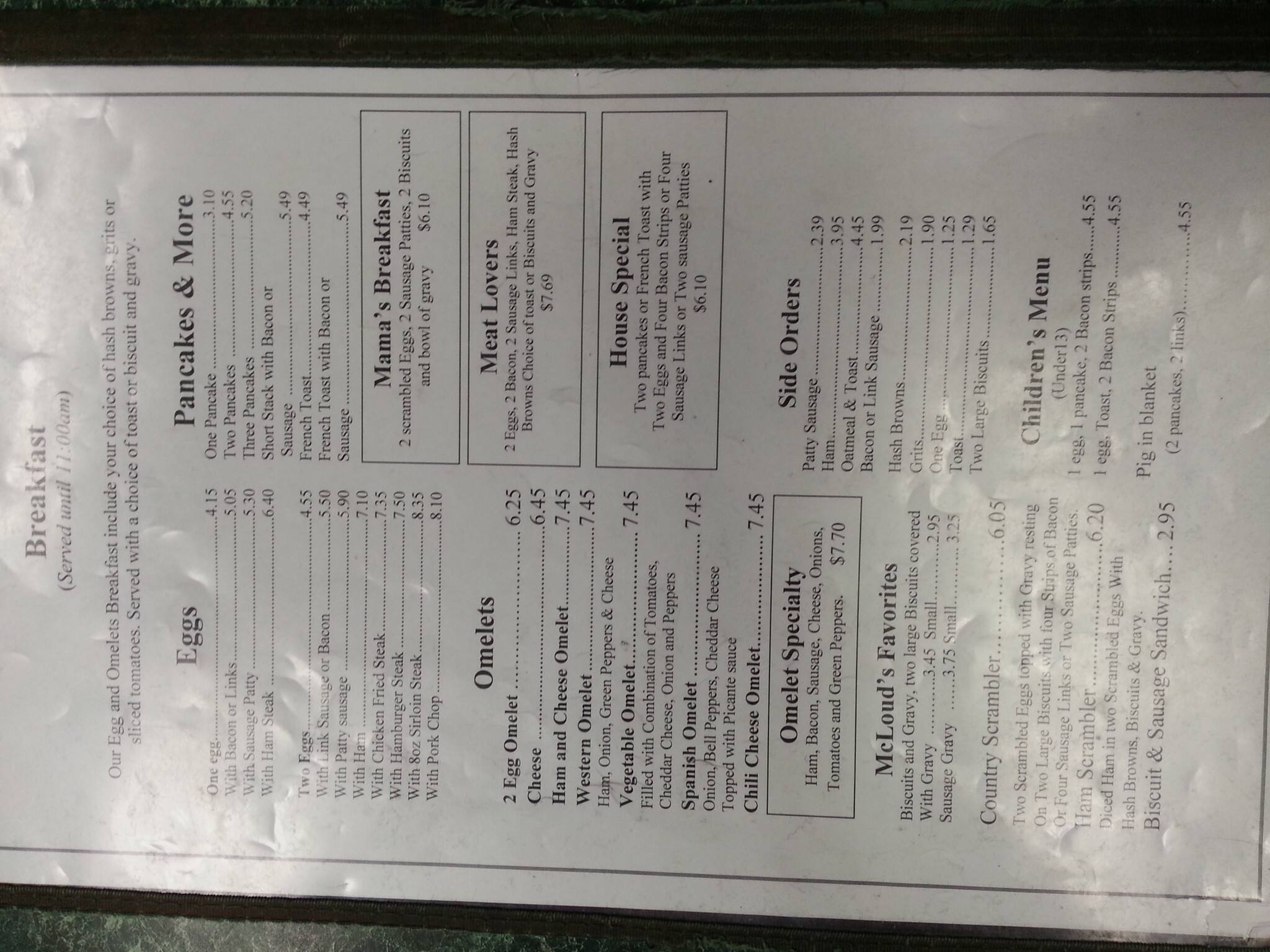 Menu at McLoud Cafe, McLoud