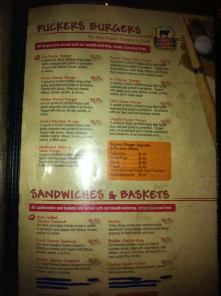 Menu at Puckers Sports Grill pub & bar, Gatlinburg