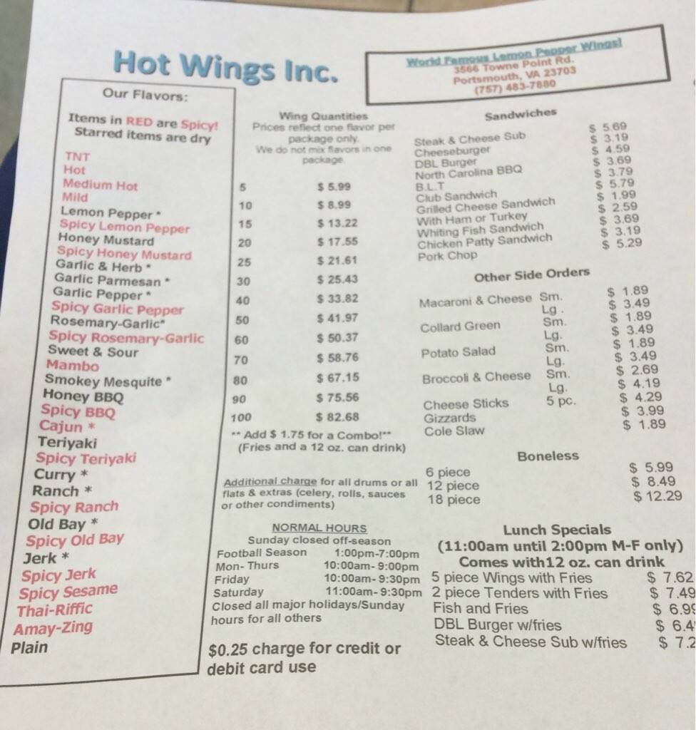 Hot Wings Inc. Menu, Menu for Hot Wings Inc., Western Branch, Hampton