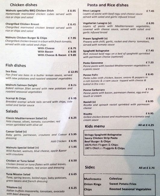 Menu at Walnuts cafe, Chislehurst, Royal Parade