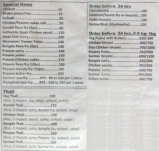 The Goan Cuisine Menu, Menu for The Goan Cuisine, Kandivali East