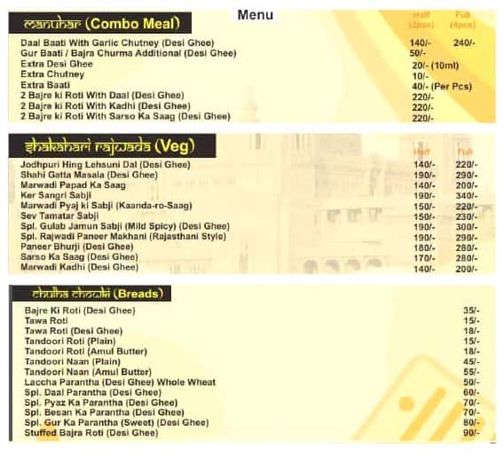 Menu of Rajasthani Riyasat Traditional Recipes Of Rajasthan, Palam