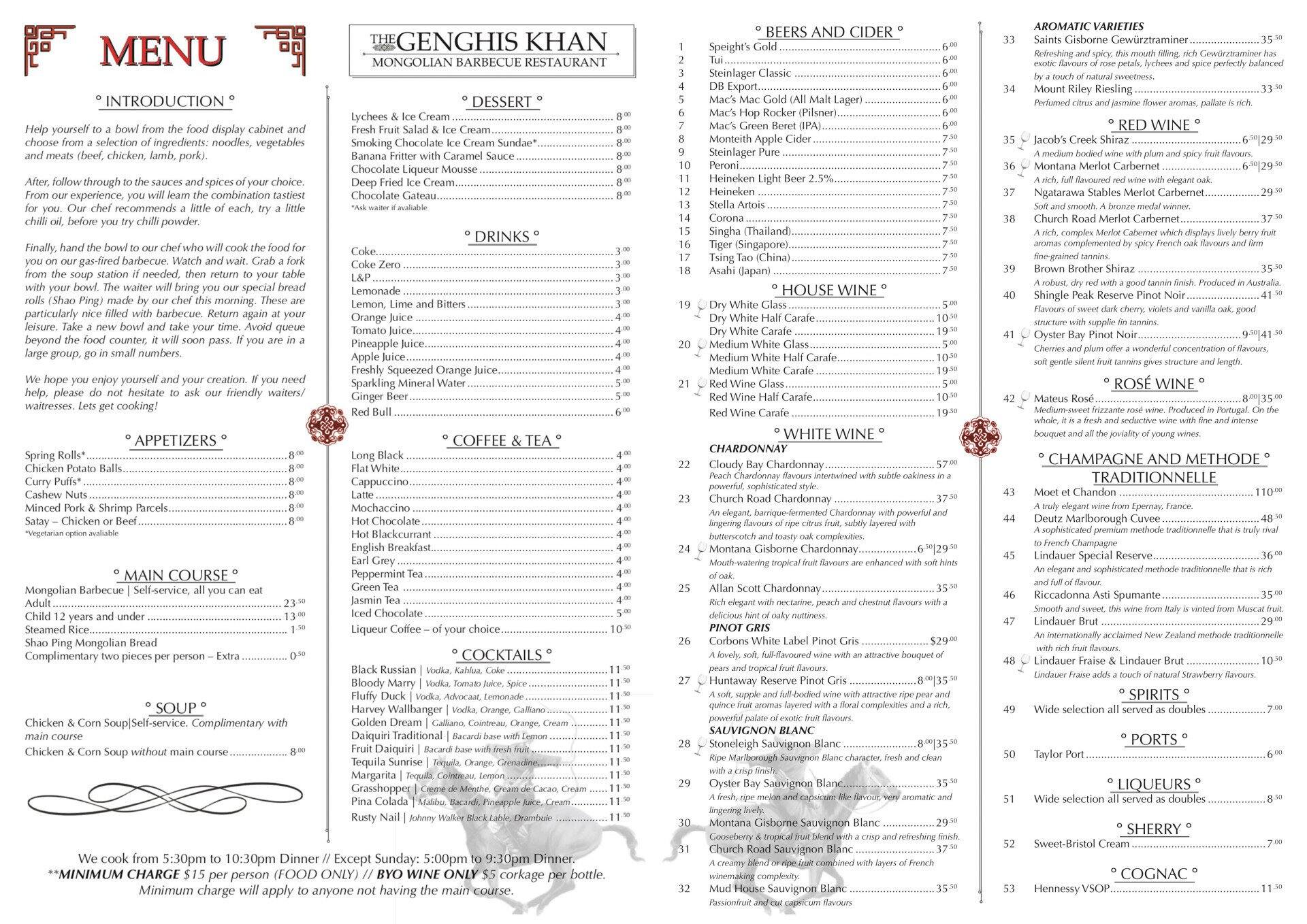 Menu at Genghis Khan BBQ, Wellington