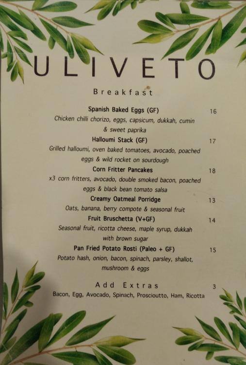 Uliveto Cafe menu, Menu restauracji Uliveto Cafe, Potts Point, Sydney