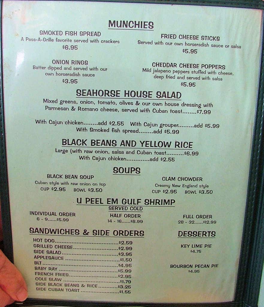Sea Horse Menu, Menu v reštaurácii Sea Horse, St Pete Beach/Treasure