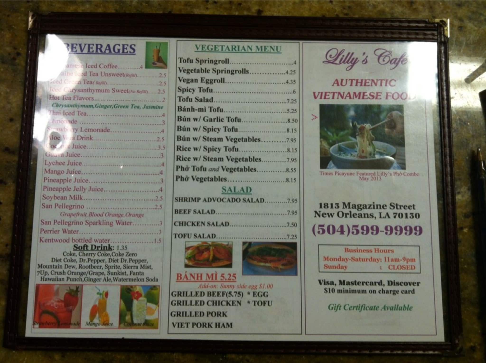 Menu at Lilly's Café restaurant, New Orleans