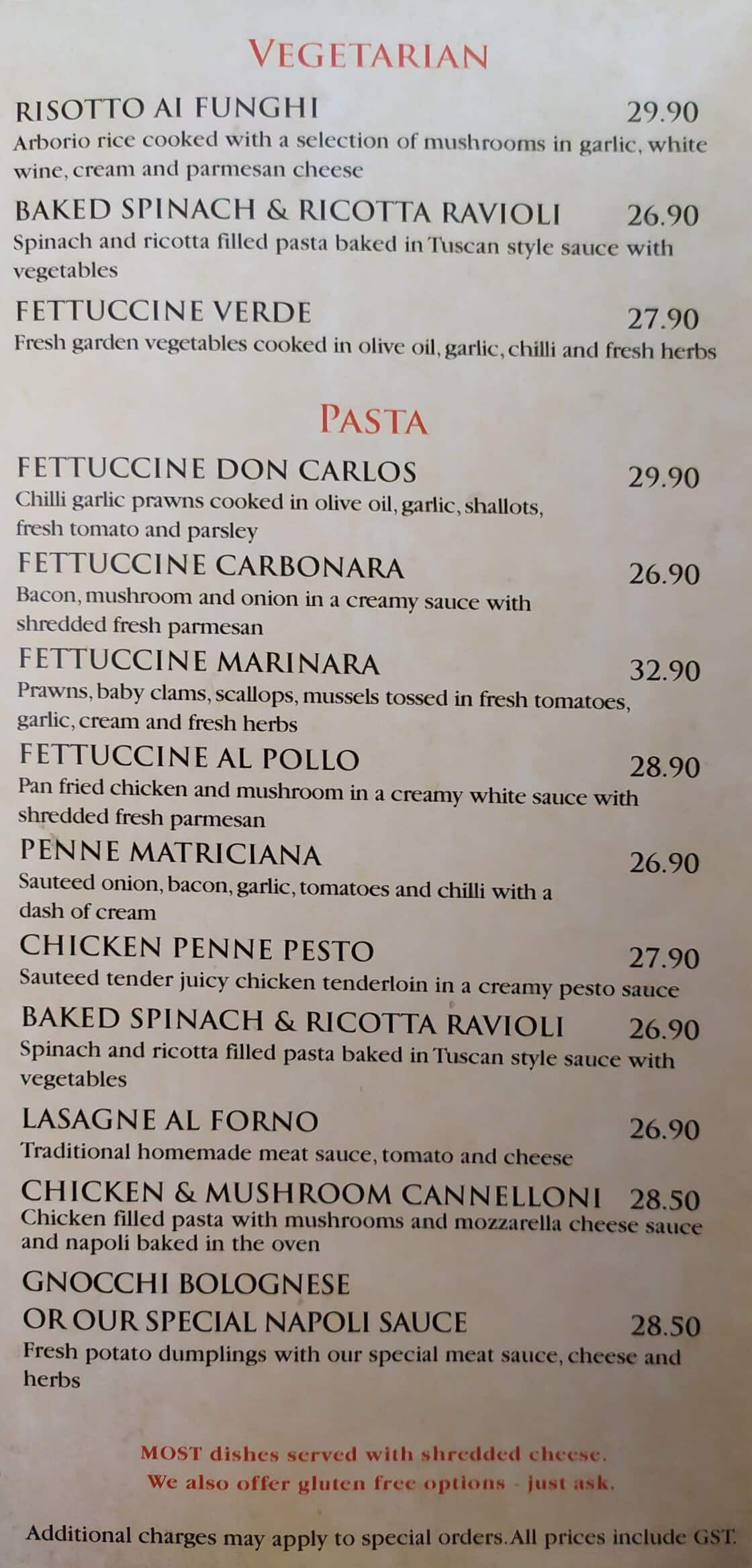 Menu at Marinara Restaurant, Hawthorne