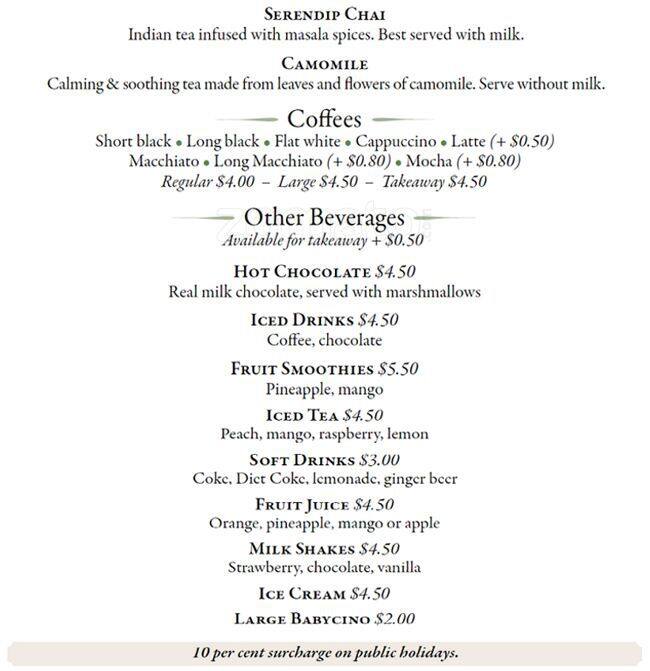 Peninsula Tea Gardens menu