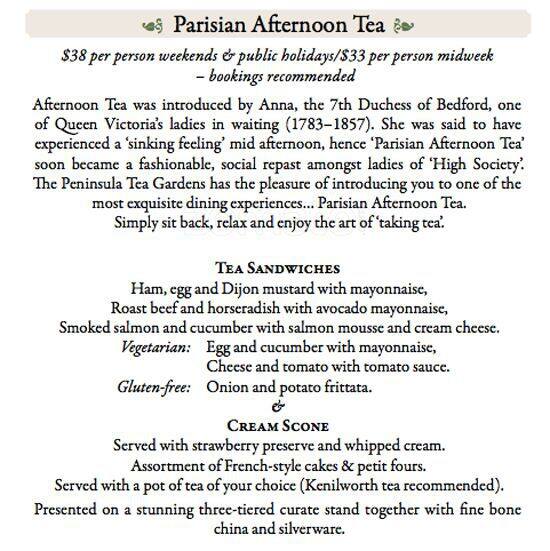 Peninsula Tea Gardens menu