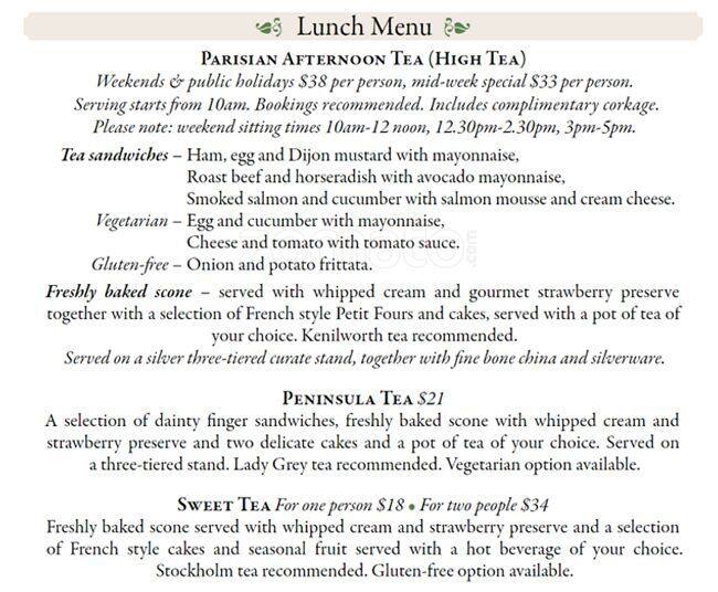 Peninsula Tea Gardens menu