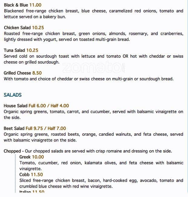 Menu at The Village Baker Café, Bowen Island