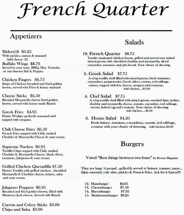 Menu at French Quarter restaurant, Charlotte
