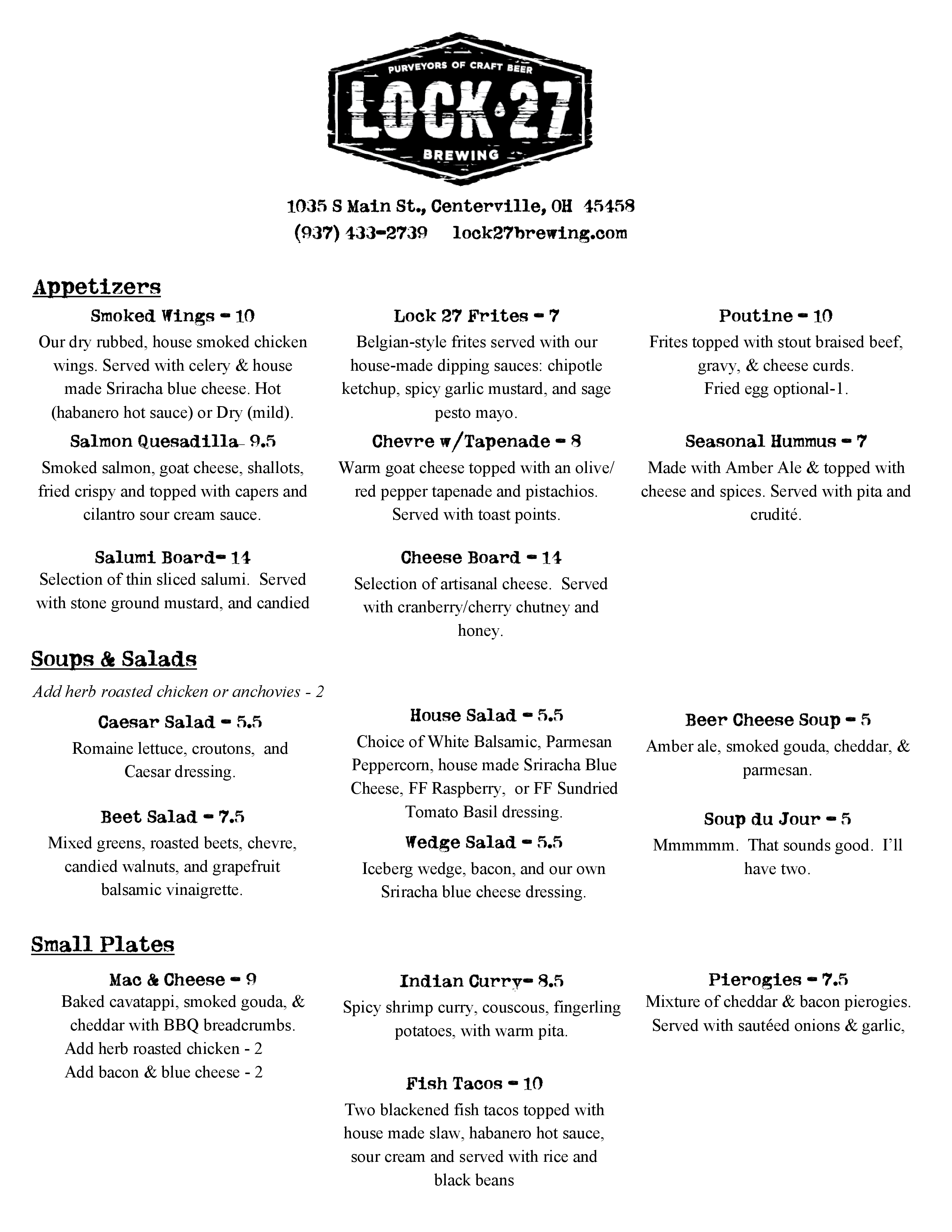 Lock 27 Brewing menu