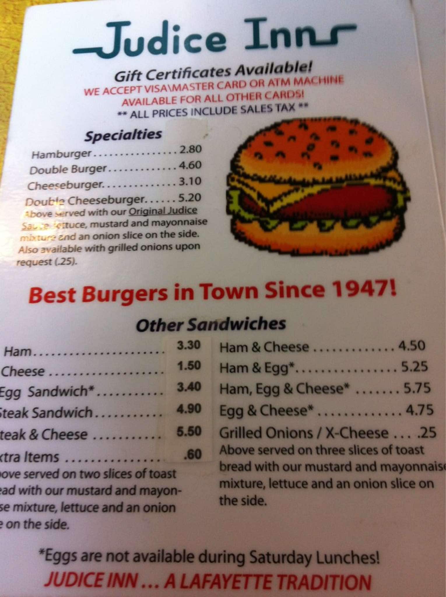 Menu at Judice Inn restaurant, Lafayette