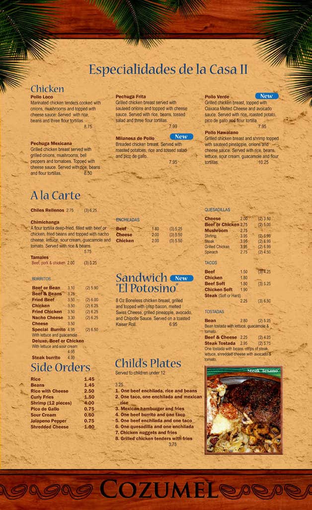Menu at Cozumel Mexican Restaurant, Whitewater