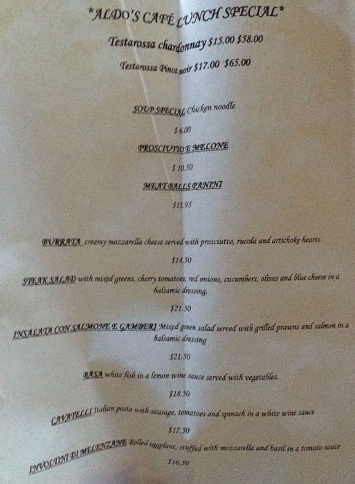 Menu at Aldo's Cafe, Los Gatos, 440 N Santa Cruz Ave