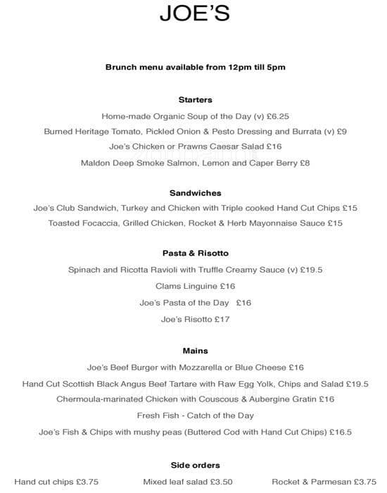 Menu at Joe's cafe, London, 16 Sloane Street