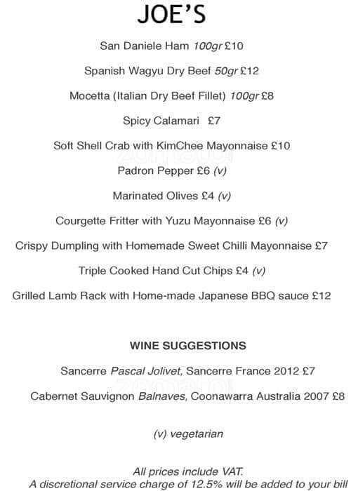 Menu at Joe's cafe, London, 16 Sloane Street