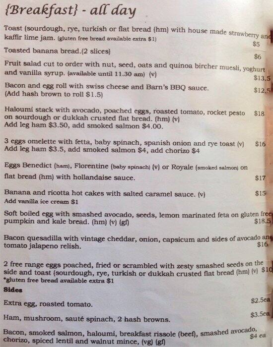 Barn Doors Cafe Menu, Menu for Barn Doors Cafe, Redfern, Sydney