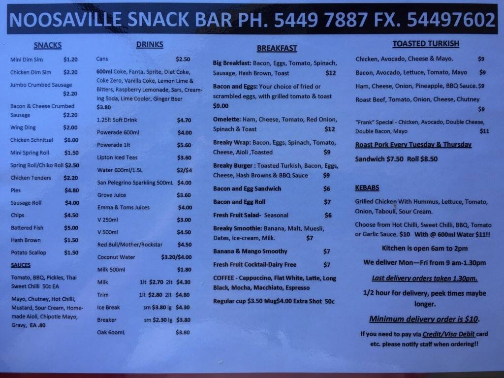 Menu at Noosaville Snack Bar, Noosaville