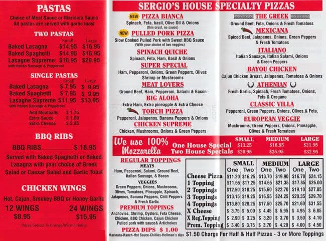 Sergio's Pizza & Pasta Menu - Urbanspoon/Zomato