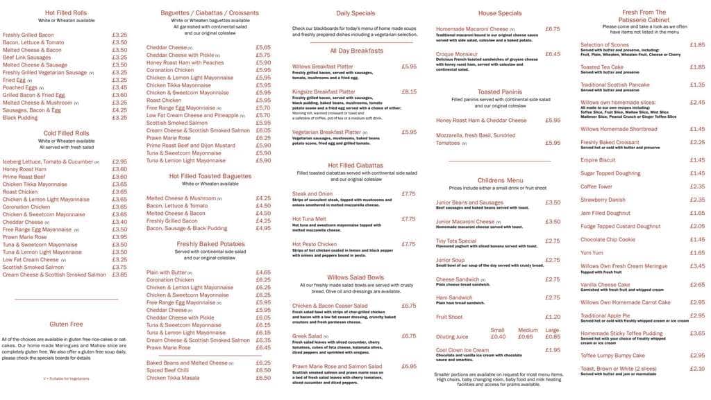 Willows Coffee Shop Menu, Menu for Willows Coffee Shop, Perth, Perth