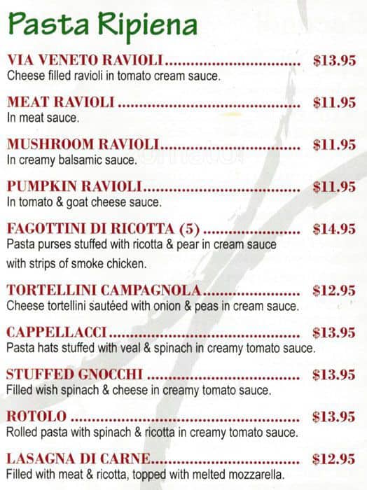 Menu at Via Veneto pub & bar, Chicago, Lincoln Ave
