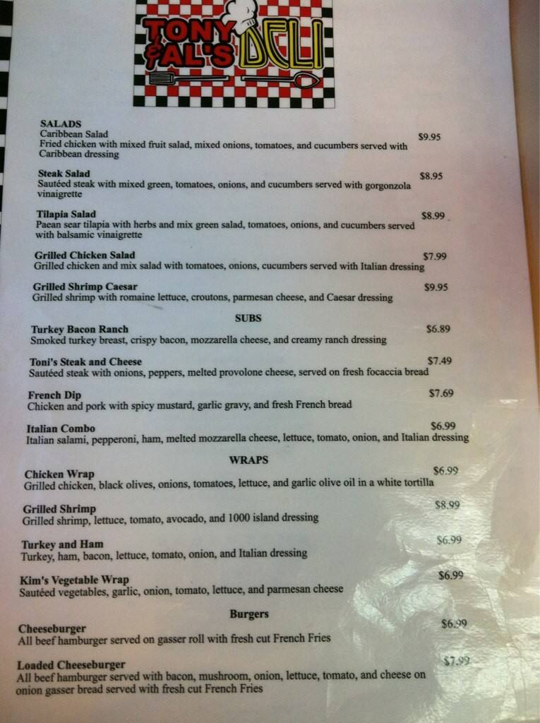 Menu at Tony And Al's Deli pizzeria, Starke