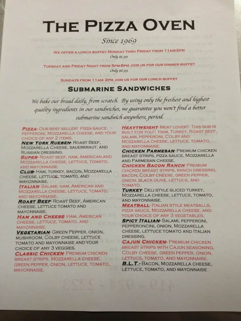 Menu at Pizza Oven pizzeria, West Unity