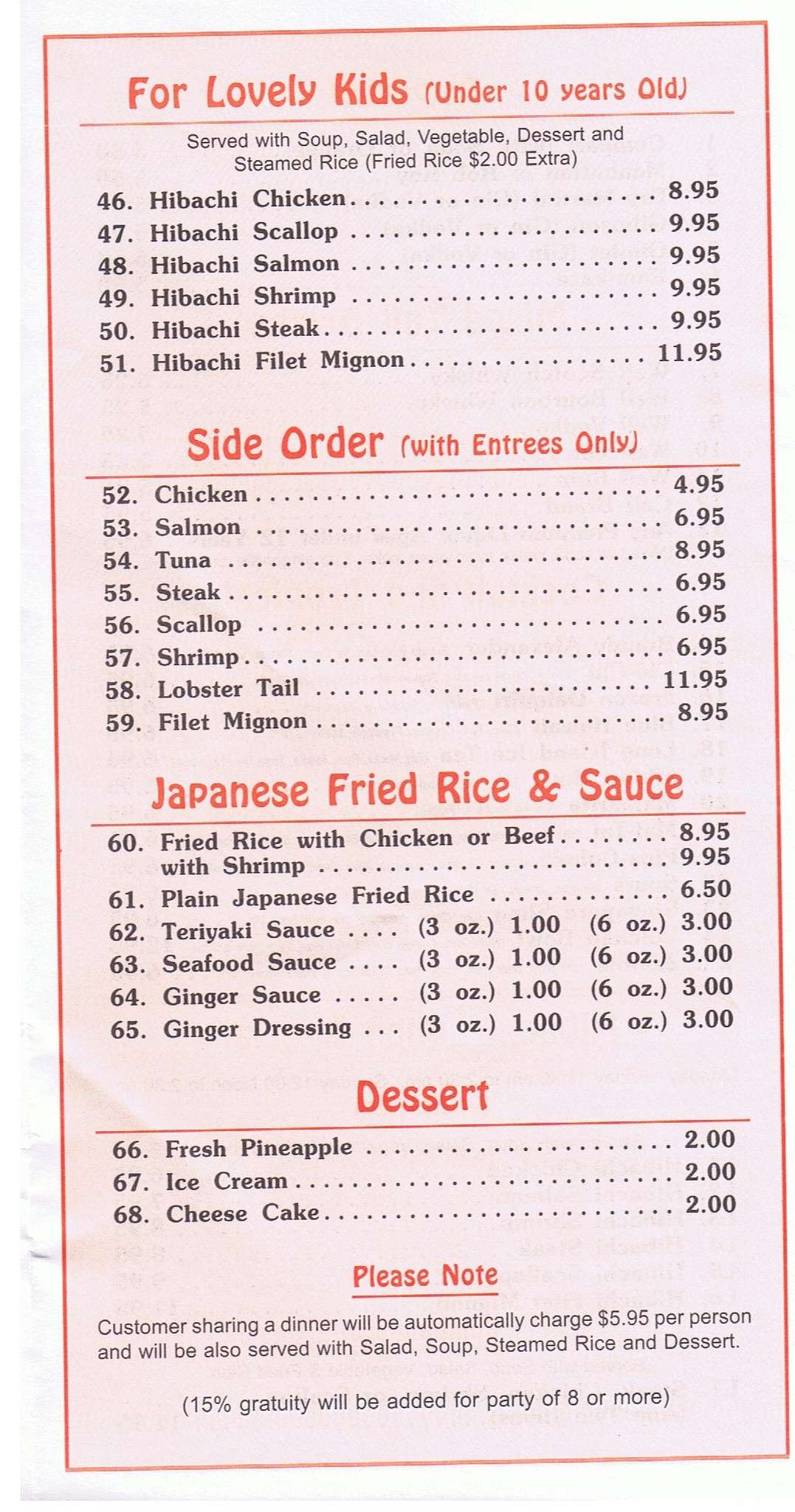 Menu at nagoya restaurant greenwood
