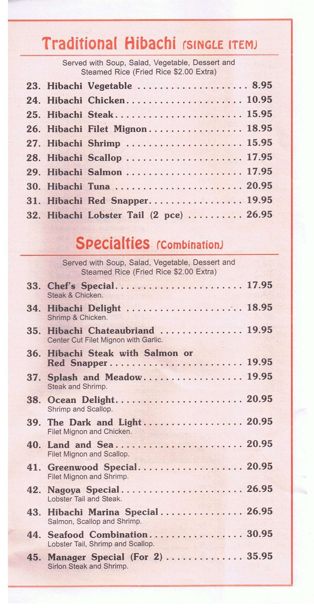 Menu at nagoya restaurant greenwood
