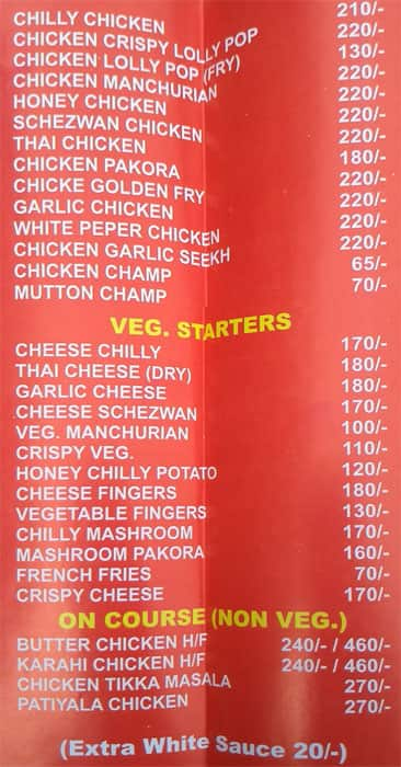 Menu of Raja Chicken House, INA Colony, Amritsar