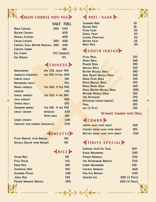 Tibits Restaurant menu